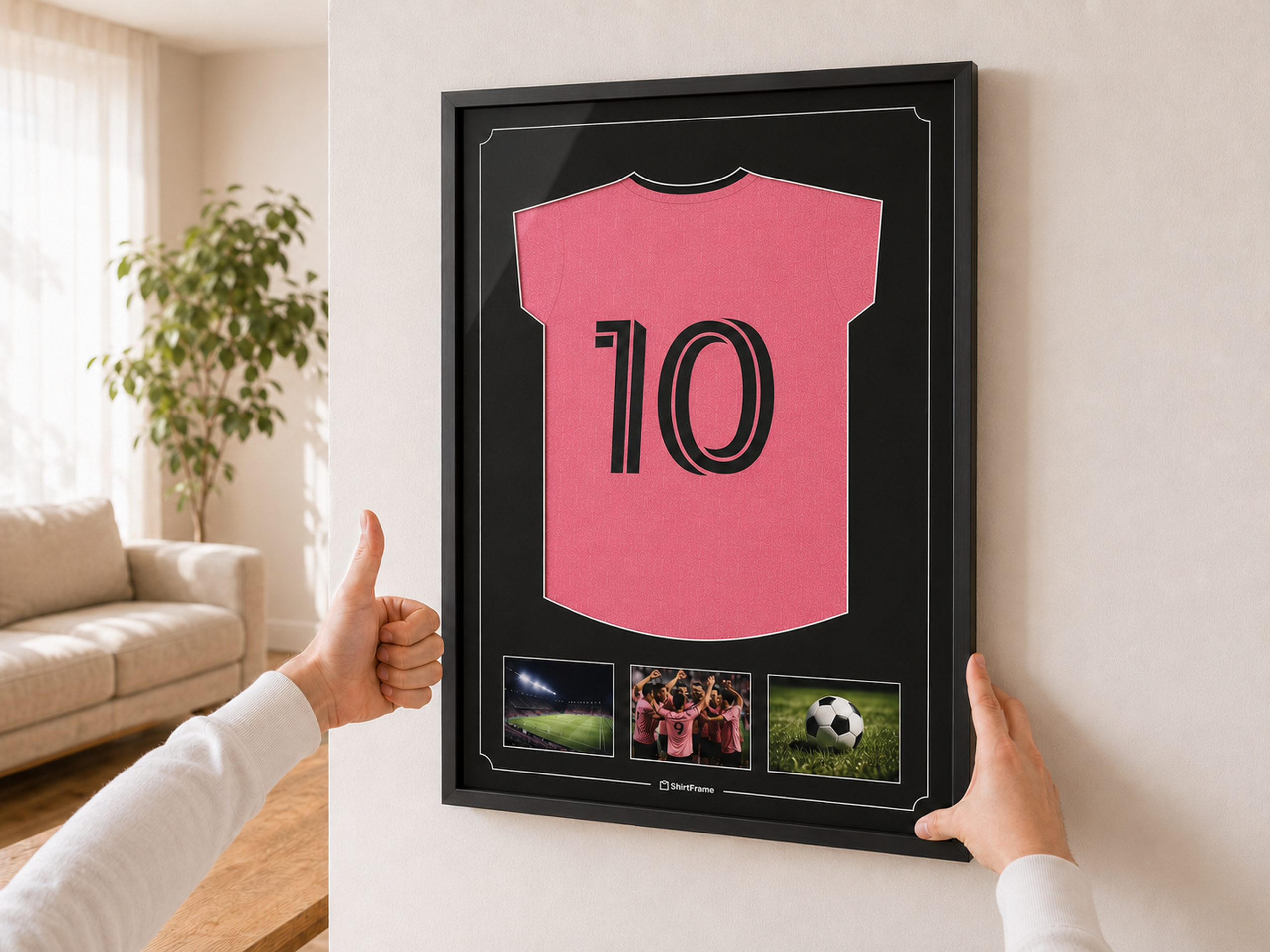 ShirtFrame avec maillot de sport encadré accroché proprement au mur
